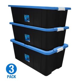 40 Gallon Heavy Duty Latching Plastic Storage Bin Container, Black with Blue Lid, Set of 3