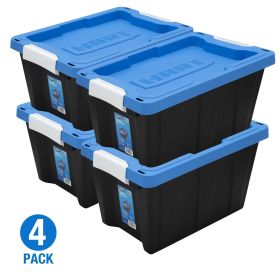 5 Gallon Heavy Duty Latching Plastic Storage Bin Container, Black Base with Blue Lid, Set of 4