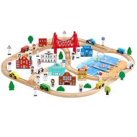 113PCS Wooden Train Set, for Kids Ages 3-8, Wood Train Track Toy with Storage Box, City Scene Railway Playset, Compatible with Major Brands